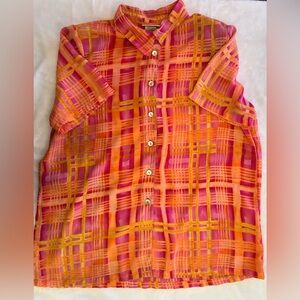 Vintage Kathy Lee Gifford Semi Sheer Abstract Plaid Button Shoulder Pad Sz18 EVC